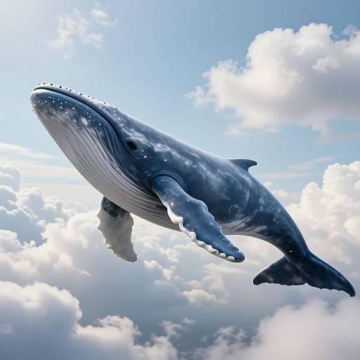 Photorealistic digital artwork of a massive, dark gray blue whale with white speckles, soaring through a bright, cloudy sky.