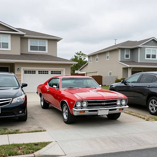 Photograph of a vibrant red vintage muscle car in a suburban driveway, flanked by black SUVs, with beige houses in the background.