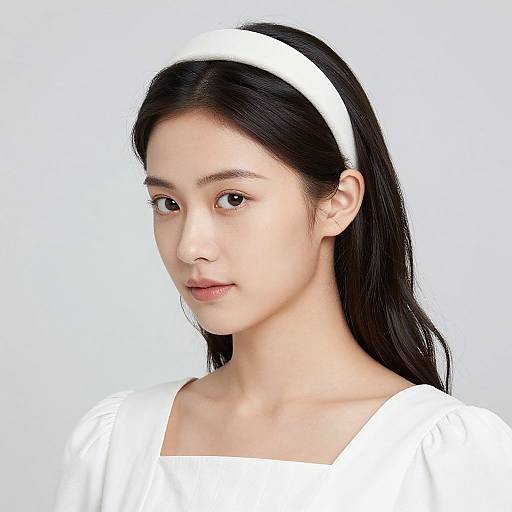 Photograph of an Asian woman with fair skin, long black hair, white headband, and white top, against a plain white background.