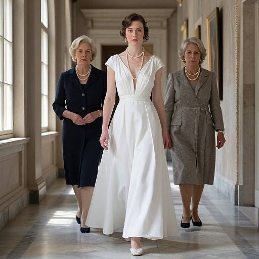 Photograph of three women walking in a grand hallway: center in a white, sleeveless, V-neck dress; left in a black dress; right