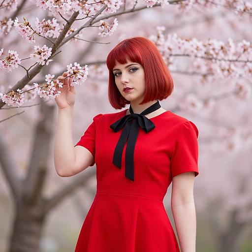 Digital art of a red-haired woman in a red dress with black bow, standing under blooming cherry blossoms, gently touching a flower.