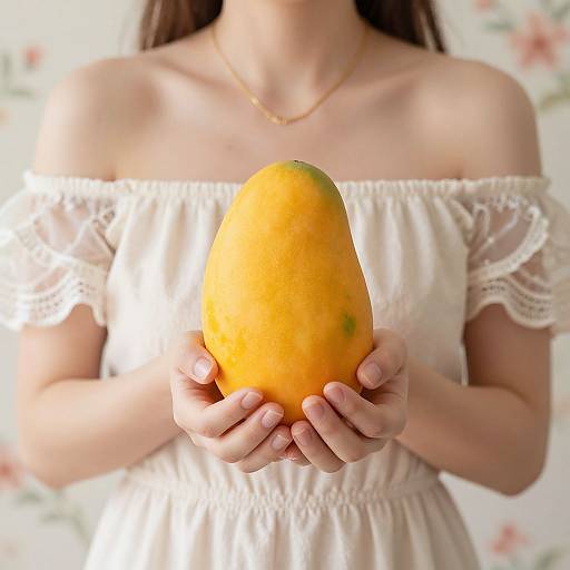 Photograph of a woman with light skin, wearing an off-shoulder white lace dress, holding a large, yellow-orange mango in both hands.
