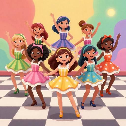 Vibrant Seven Dancers on Checkered Floor