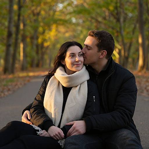 Photograph of a couple sitting on a park path in autumn, man kissing woman's cheek, woman in white scarf, both in black jackets.