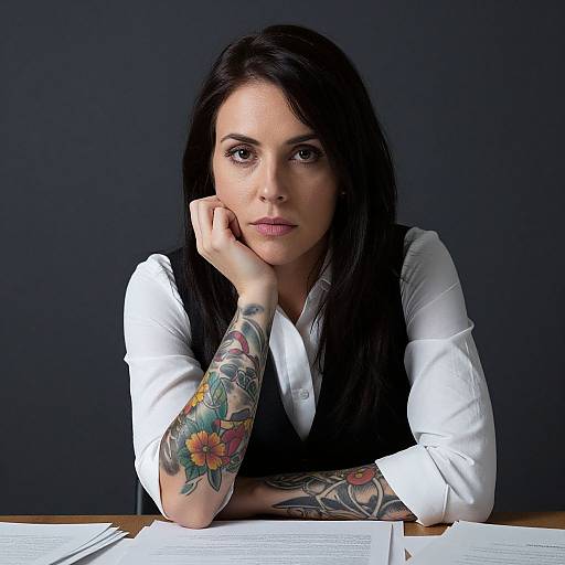 Photograph of a tattooed woman with long black hair, wearing a white shirt and black vest, resting her head on her hand against a dark background