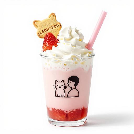 Strawberry Milkshake with Whipped Cream and Cat Cookie