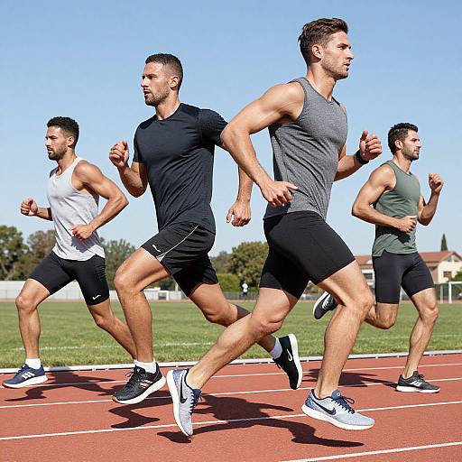 Photograph of four athletic men running on a red track, wearing tank tops and black shorts, with clear blue sky background.