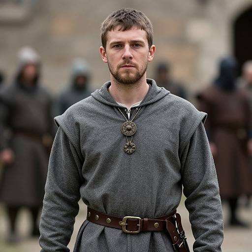 Photograph of a serious, bearded man in medieval gray wool tunic with brooch, brown belt, standing in front of blurred, armored figures