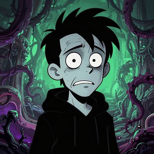 Cartoon-style drawing of a pale, wide-eyed, black-haired boy in a hoodie, surrounded by dark, twisted tentacles in a glowing green,