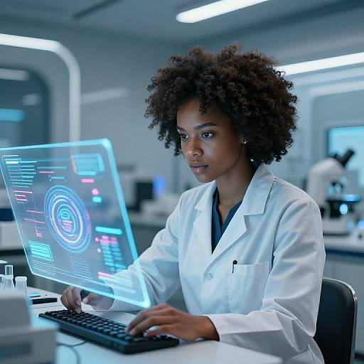 Photograph of an African-American woman with curly hair, in a white lab coat, working on a futuristic, glowing blue laptop in a modern, brightly