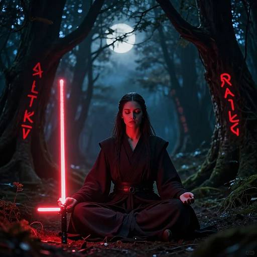 Photograph of a woman with long black hair, dressed in a dark robe, sitting cross-legged in a moonlit forest, holding a glowing red lights