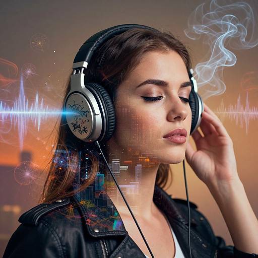 Photograph of a young woman with light skin and brown hair, wearing black headphones and a leather jacket, listening to music with blue and white light waves