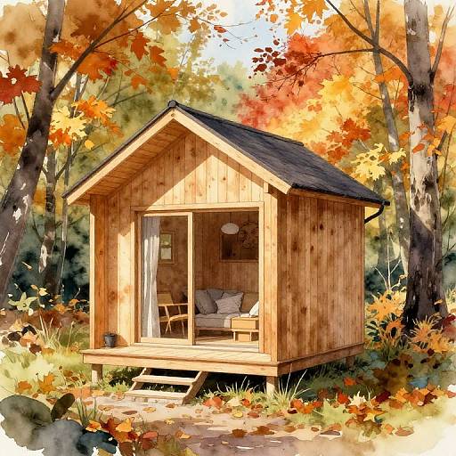 Watercolor-style illustration of a wooden, A-frame cabin with a glass door, nestled in an autumn forest, surrounded by vibrant orange and red leaves.