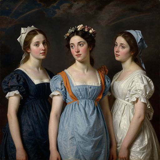 Photograph-style painting of three young Caucasian women in 18th-century dresses, standing against a dark background. They wear different colored dresses and headpieces