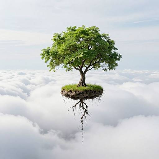 Photograph of a solitary, lush green tree with visible roots, floating on a small grassy island above a sea of white clouds.