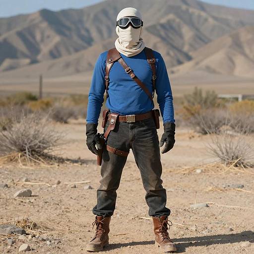 Photograph of a masked, blue-shirted, black-pants-clad adventurer with brown boots, gloves, and harness, standing in a desert with