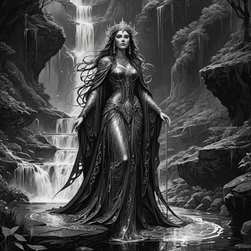 Majestic Sorceress Amidst Shimmering Waterfall Majestic Sorceress Amidst Shimmering Waterfall