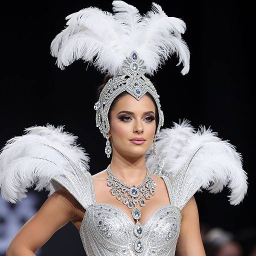 Photograph of a glamorous woman in a sparkling silver gown with white feathered shoulders and headpiece, adorned with intricate jewelry, against a black background.