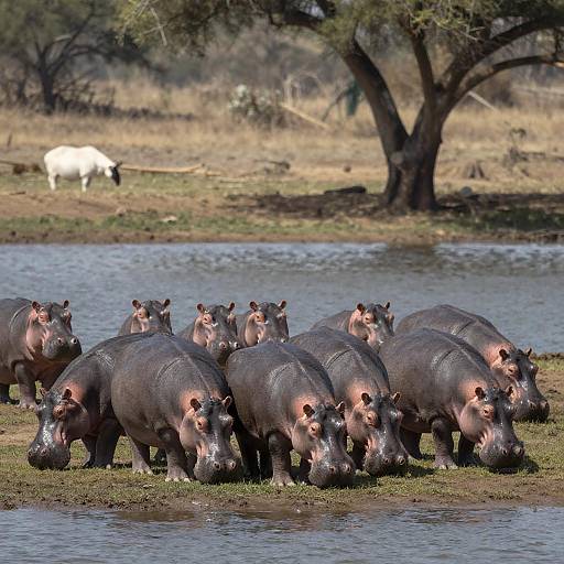 Hippos Grazing by a Lakeside