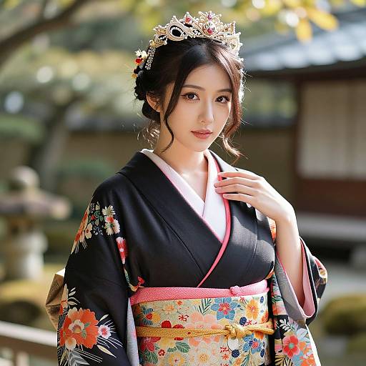 Elegant Woman in Floral Kimono