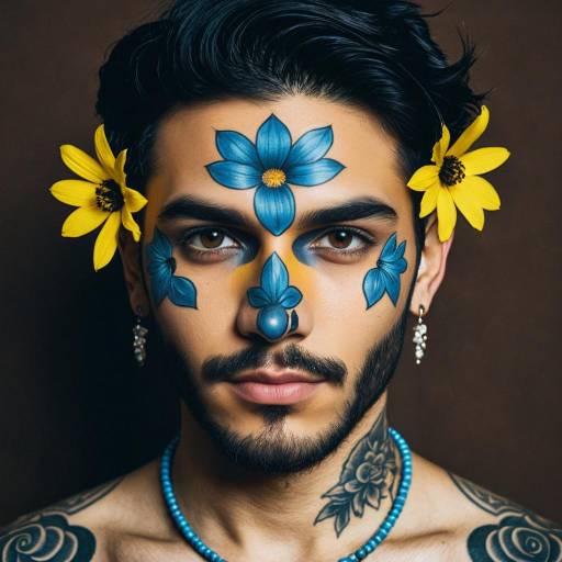 Portrait of man with blue floral face paint and yellow flowers