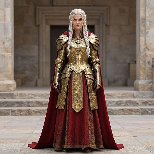 Photorealistic CGI of a stern-looking blonde woman with braided hair in ornate gold and red medieval armor, standing in a stone courtyard.