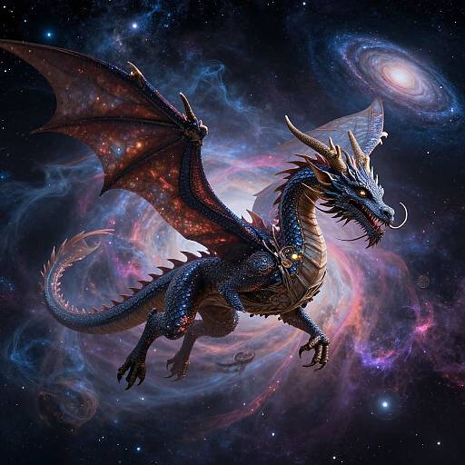 Digital artwork of a fierce, blue-scaled dragon with red wings and golden horns, soaring through a vibrant, star-filled galaxy with swirling nebulas