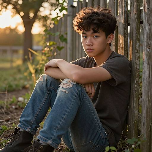 Photograph of a young, curly-haired boy with light skin, wearing a black t-shirt and ripped jeans, sitting against a wooden fence at sunset,