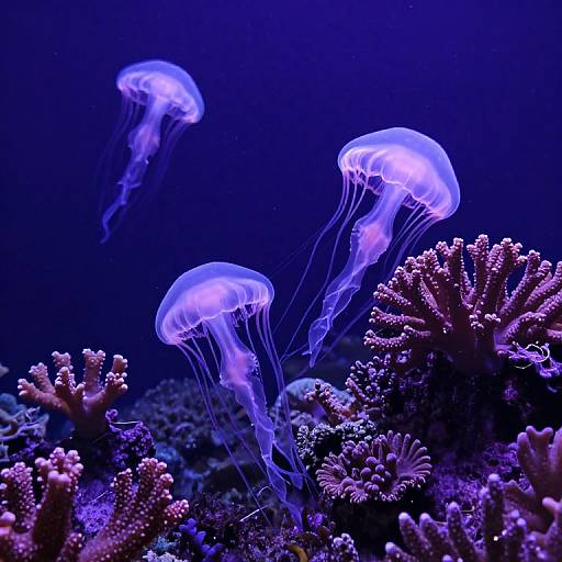 Photograph of glowing, translucent purple jellyfish with delicate, flowing tentacles above vibrant, pink and purple coral in a deep blue underwater scene.