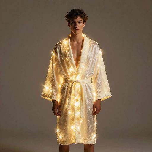 Photograph of a young man in a shiny, metallic gold bathrobe illuminated by warm white string lights, standing against a plain gray background.