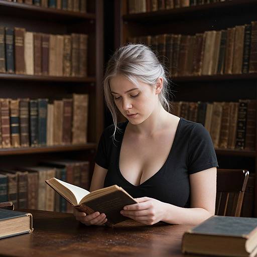 Photograph of a fair-skinned, blonde woman with low ponytail, wearing a black V-neck top, reading a book in a dimly lit