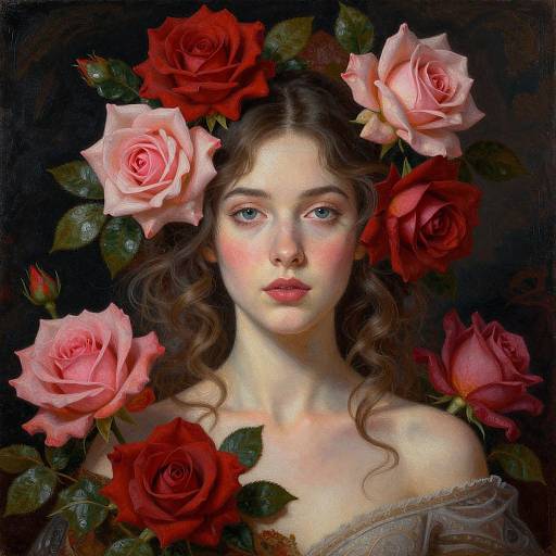 Digital painting of a fair-skinned, blue-eyed woman with wavy brown hair, surrounded by red and pink roses, against a dark background. She