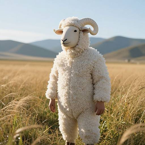 Photograph of a person wearing a fluffy, white sheep costume with curved horns, standing in a sunlit grassy field with mountains in the background.