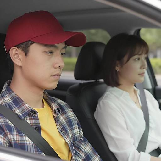 Young Couple Driving with Neutral Expressions