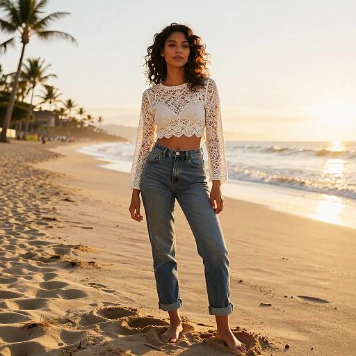 Photograph of a curly-haired woman in a white lace crop top and blue jeans standing on a sunny beach with palm trees and waves in the background.