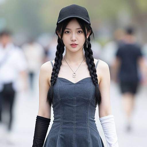 Photograph of an East Asian woman with braided black hair, wearing a black denim dress, black cap, and white gloves, standing in a blurred