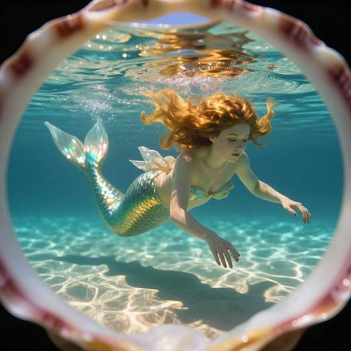 Photograph of a red-haired mermaid with a shimmering green and gold tail, swimming underwater, seen through a clear seashell.