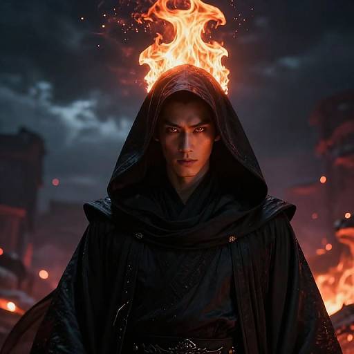 Mystical Hooded Figure with Flaming Head