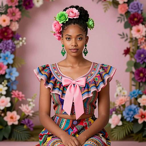 Young Woman in Colorful Traditional Dress with Floral Hairpiece