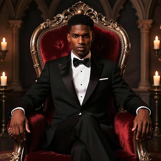 Photograph of a dark-skinned man in a black tuxedo, sitting on an ornate red velvet chair in a dimly lit, go