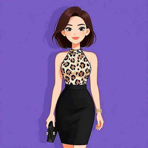 Digital illustration of an Asian woman with short brown hair, wearing a leopard print halter top and black skirt, holding a black clutch, against a solid