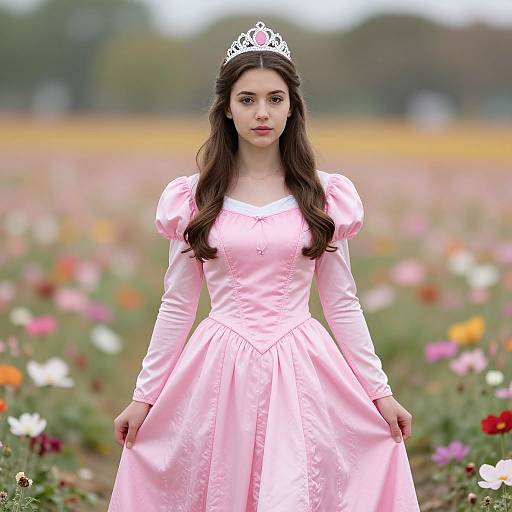 Photograph of a young woman with long brown hair, wearing a pink satin princess dress and silver tiara, standing in a colorful flower field.