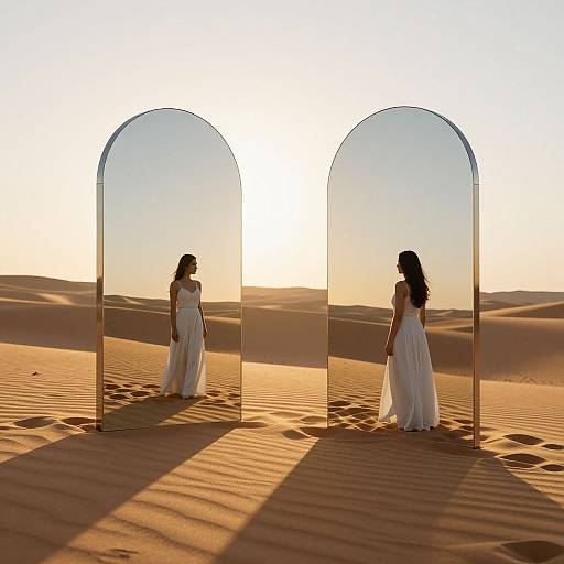 Silhouetted woman in white dress stands in desert, reflected in two tall mirrors, with sunset casting long shadows. Photographic realism.