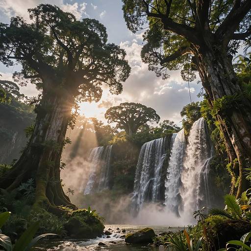 Photograph of a lush, tropical waterfall scene with sunlight streaming through tall trees, cascading water, mist, and dense greenery.
