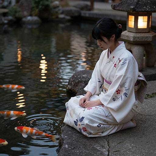 Photograph of a Japanese woman in a white floral kimono, sitting by a pond with koi fish, illuminated by a lantern.