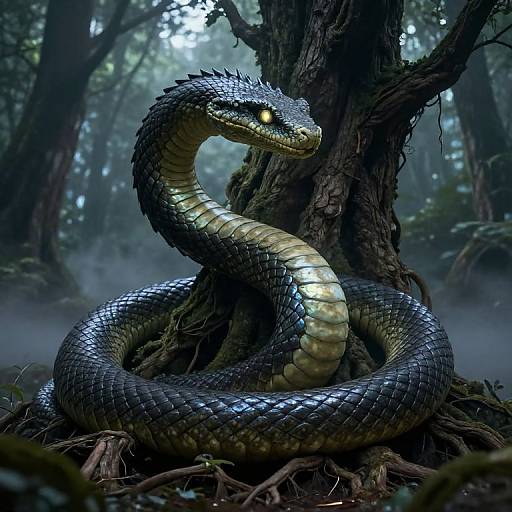 Photorealistic CGI of a glowing yellow-eyed, dark blue and gold-scaled snake coiled around a tree trunk in a misty forest.