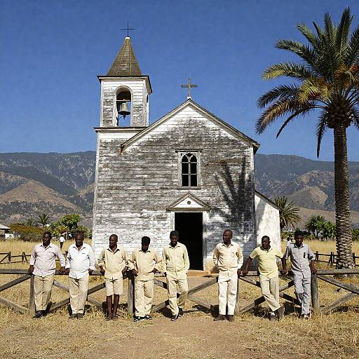 Group of Men Outside Weathered Wooden Church