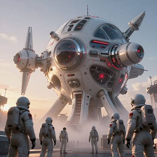 CGI sci-fi scene: Five astronauts in white space suits face a massive, futuristic, spherical spaceship with large, circular sensors and red lights, set