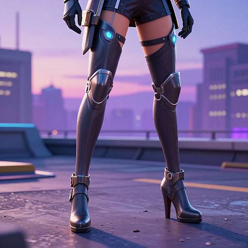 CGI image of a cyberpunk female figure in black thigh-high boots, shorts, and gloves, standing on a rooftop at sunset. Glowing blue