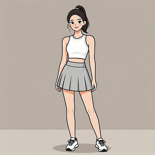 Digital anime-style drawing of a smiling young woman with fair skin, black ponytail, wearing a white crop top, gray skirt, and white sneakers,